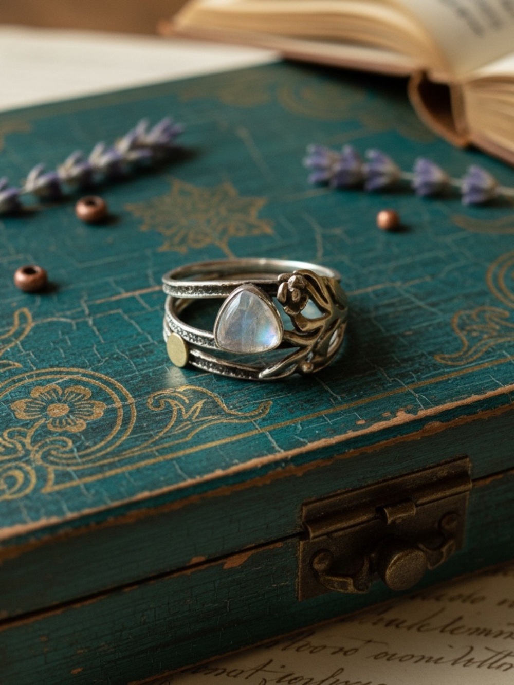 Silver Stamped Luna Moonstone Open Band Ring - Women Jewelry